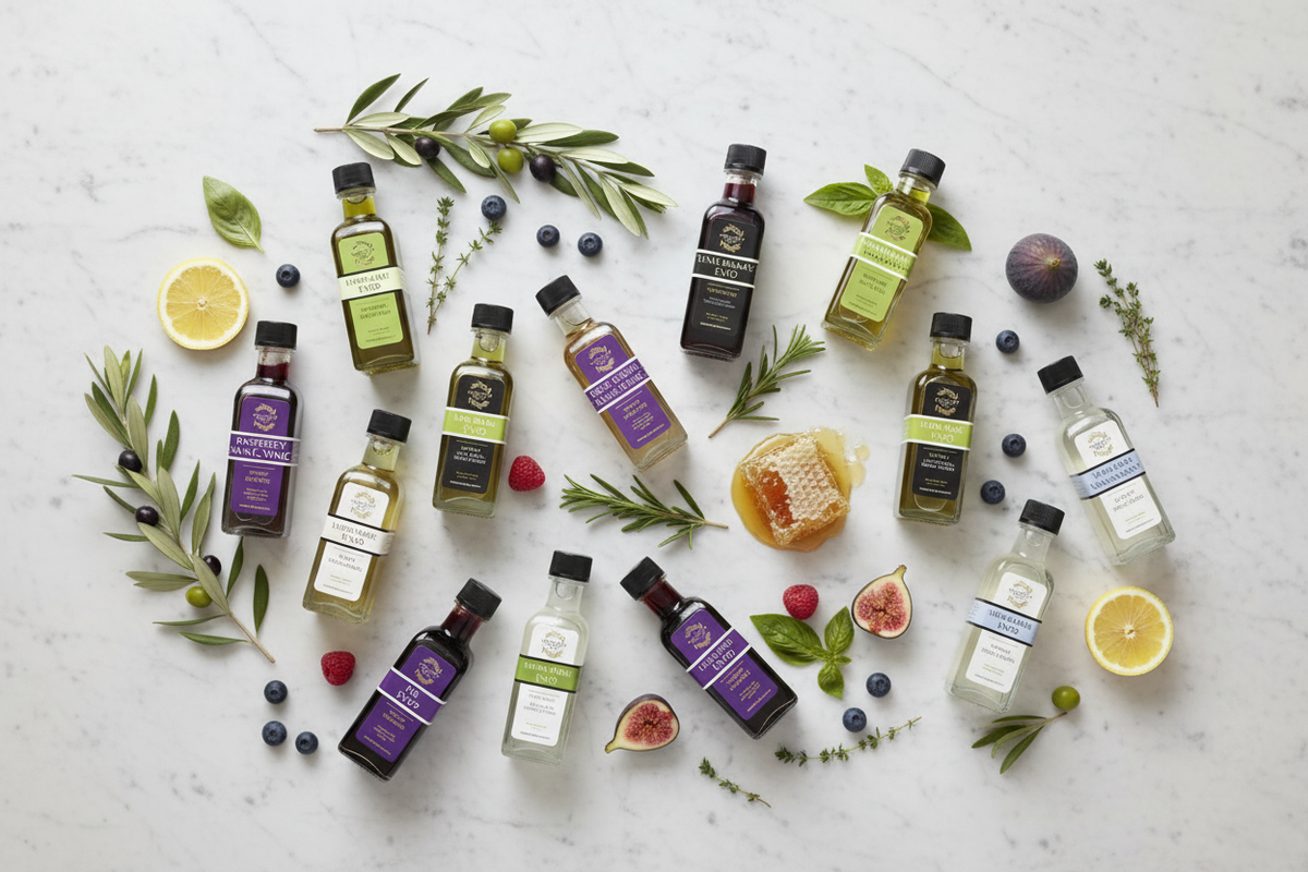 Overhead arrangement of Tastefully Olive sample bottles with lemons, figs, berries, herbs, olive branches, and honeycomb on white marble.