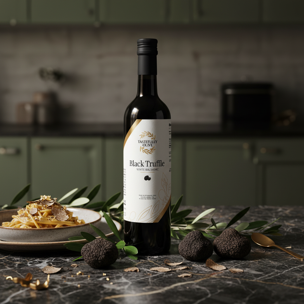 Tastefully Olive Black Truffle white balsamic bottle beside truffles, truffle shavings, and a plate of pasta on dark marble.