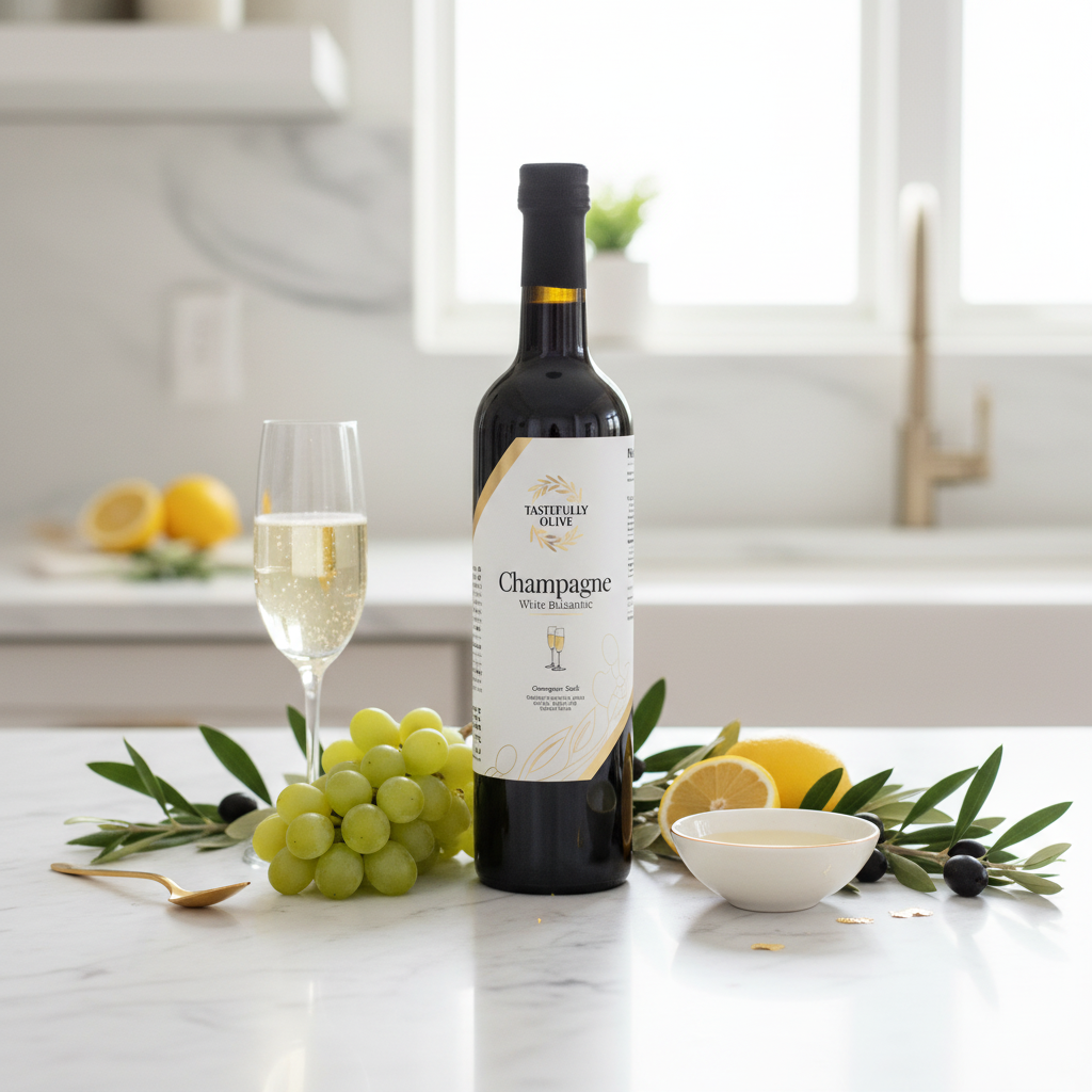 Tastefully Olive Champagne white balsamic bottle with green grapes, lemon, olive branches, a champagne flute, and a white bowl.