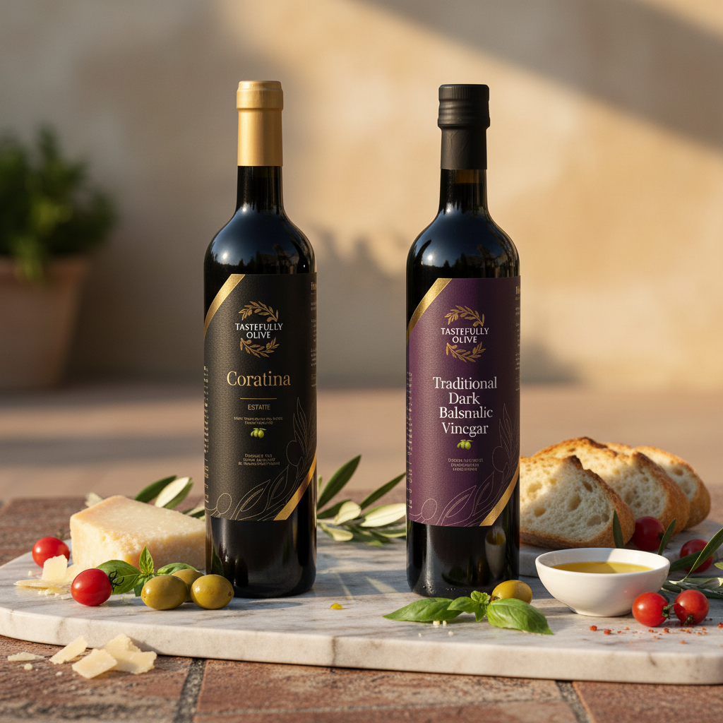 Tastefully Olive Coratina olive oil and Traditional dark balsamic bottles on marble with bread, cheese, tomatoes, olives, and a bowl of oil.