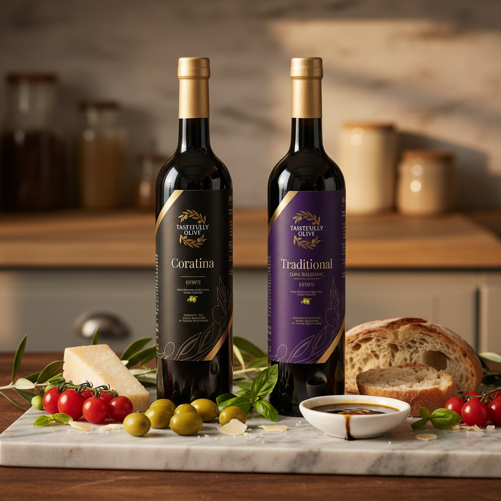 Tastefully Olive Coratina olive oil and Traditional dark balsamic bottles with bread, cheese, tomatoes, olives, and a dipping bowl.