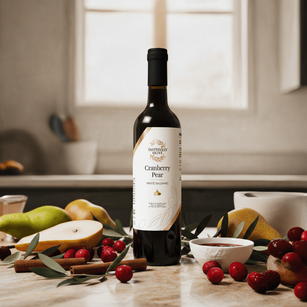 Tastefully Olive Cranberry Pear white balsamic bottle with fresh cranberries, sliced pears, cinnamon sticks, and a white bowl.