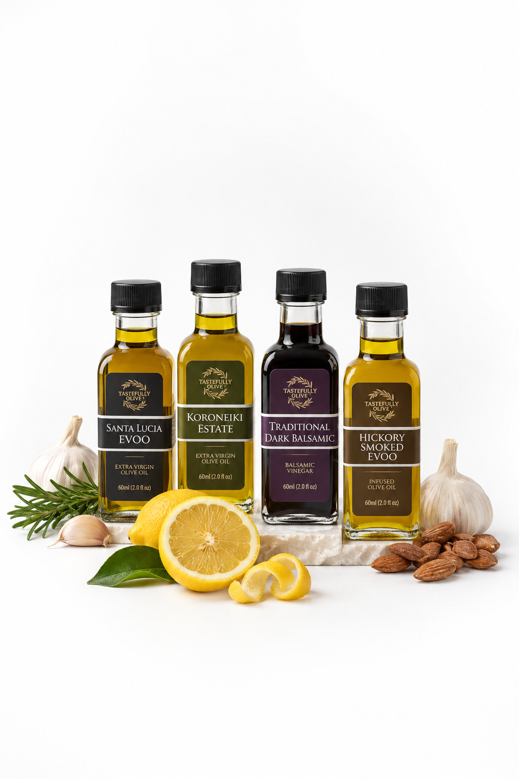 Four-bottle sampler on a white background