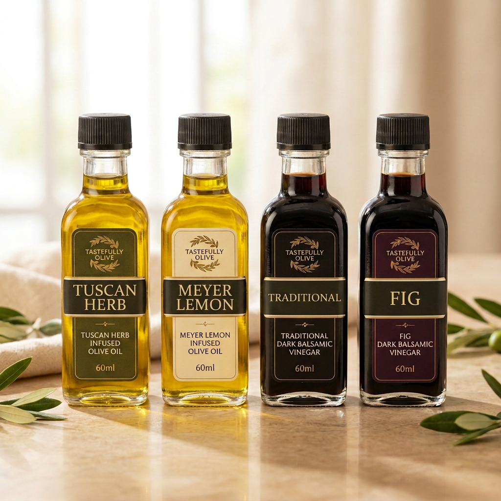 Four-bottle sampler with flavor names replacing the prominent brand text