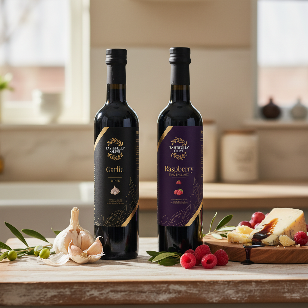 Tastefully Olive Garlic olive oil and Raspberry dark balsamic bottles with garlic, raspberries, and cheese drizzled with balsamic.