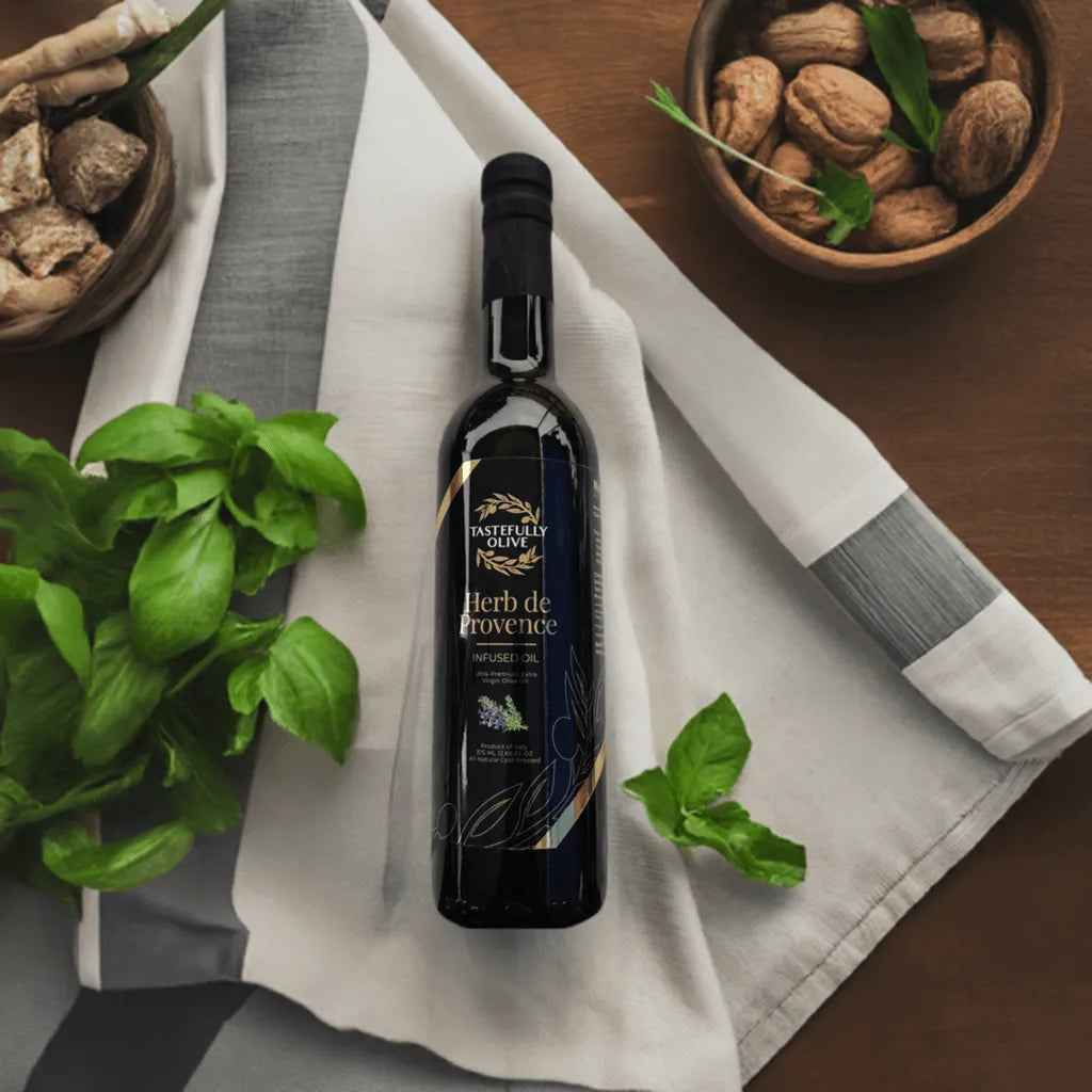 Overhead view of Tastefully Olive Herb de Provence infused oil on a striped cloth with basil, walnuts, and ginger.