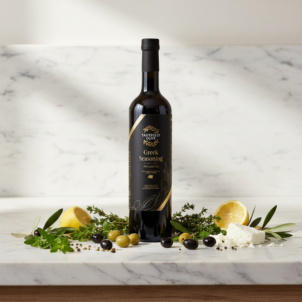 Tastefully Olive Greek Seasoning infused olive oil bottle with lemon halves, fresh herbs, olives, and white cheese on marble.