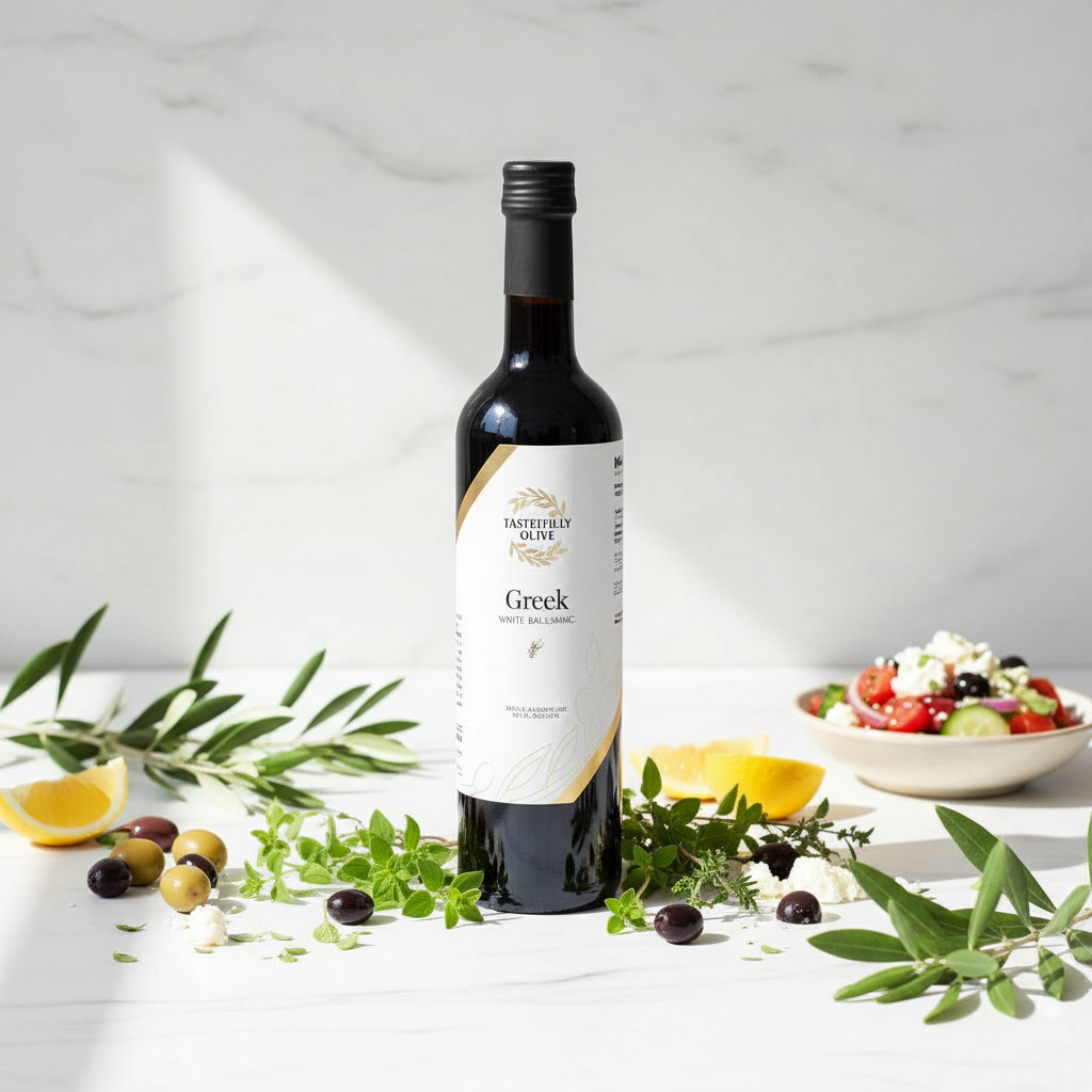 Tastefully Olive Greek Seasoning white balsamic bottle with lemon, olives, herbs, and a bowl of Greek salad.