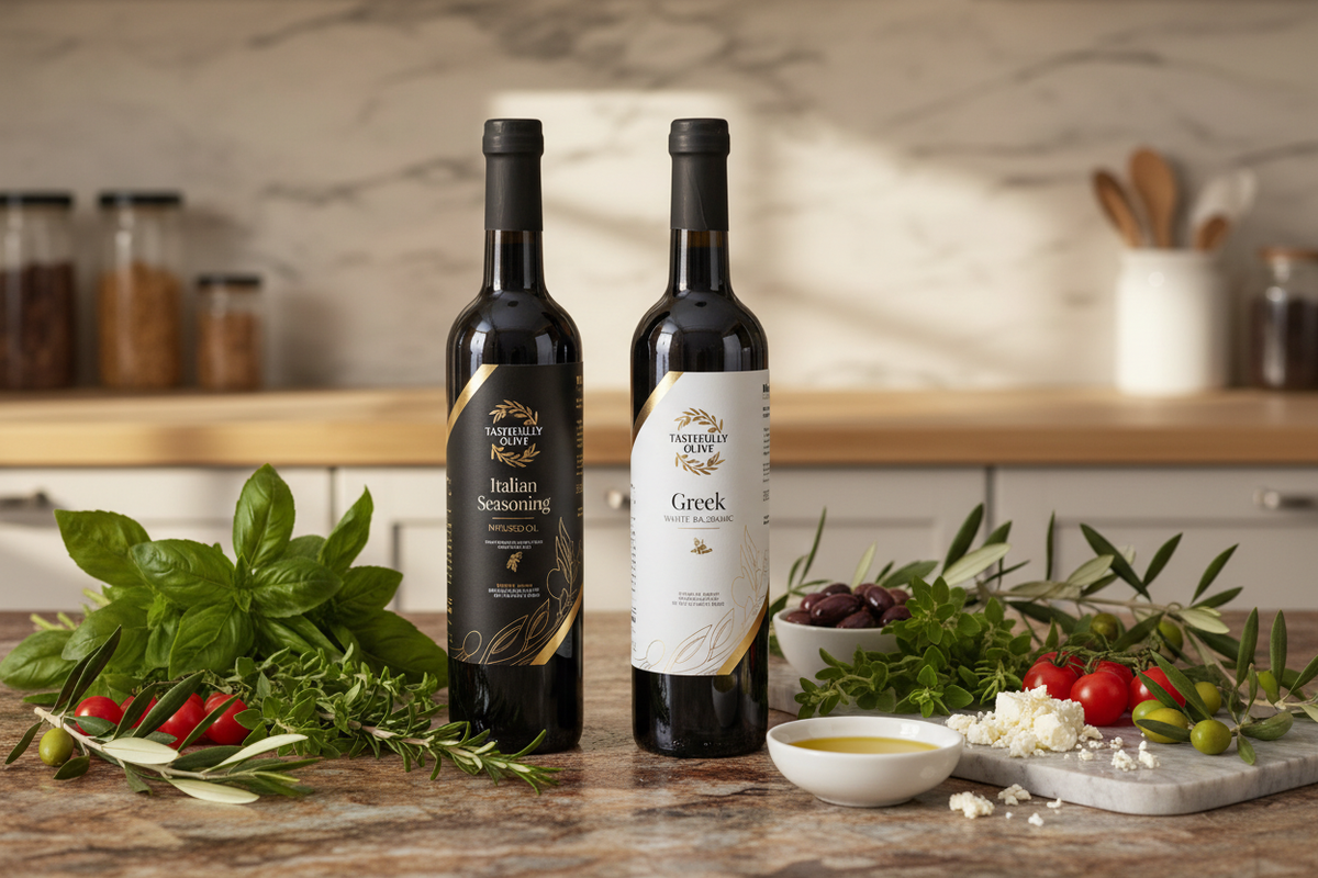 Tastefully Olive Italian Seasoning olive oil and Greek Seasoning white balsamic bottles with herbs, tomatoes, cheese, and dipping oil.