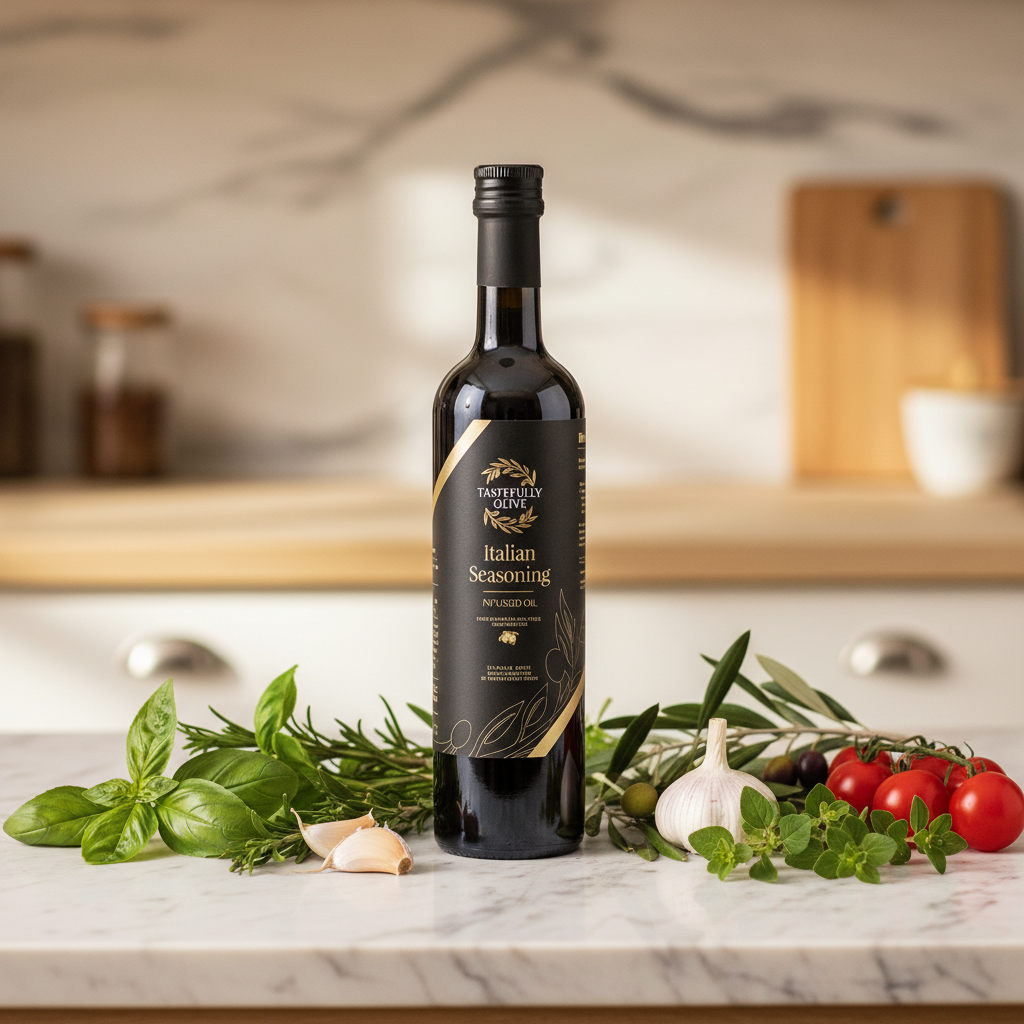 Tastefully Olive Italian Seasoning infused olive oil bottle with fresh herbs, garlic, and tomatoes on a marble counter.