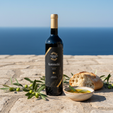 Tastefully Olive Koroneiki extra virgin olive oil bottle with green olives, bread, and a bowl of oil overlooking the sea.