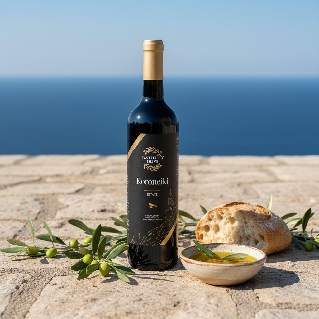 Tastefully Olive Koroneiki extra virgin olive oil bottle with green olives, bread, and a bowl of oil overlooking the sea.