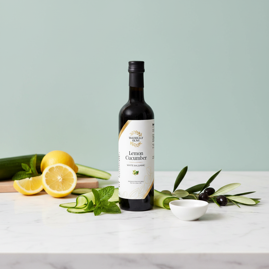 Tastefully Olive Lemon Cucumber white balsamic bottle with lemon slices, cucumber ribbons, mint, and a white bowl.