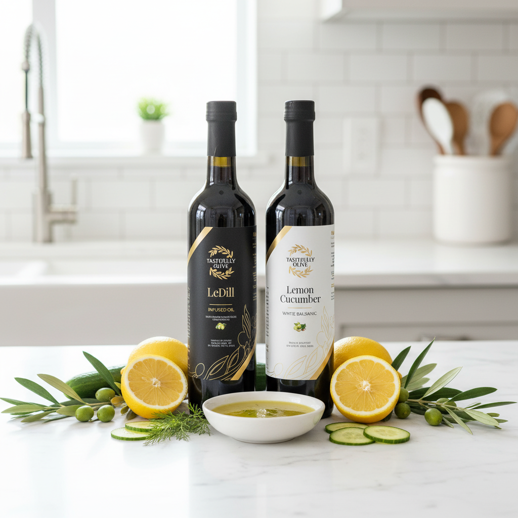 Tastefully Olive Lemon Dill olive oil and Lemon Cucumber white balsamic bottles with lemon halves, cucumber slices, and a dipping bowl.