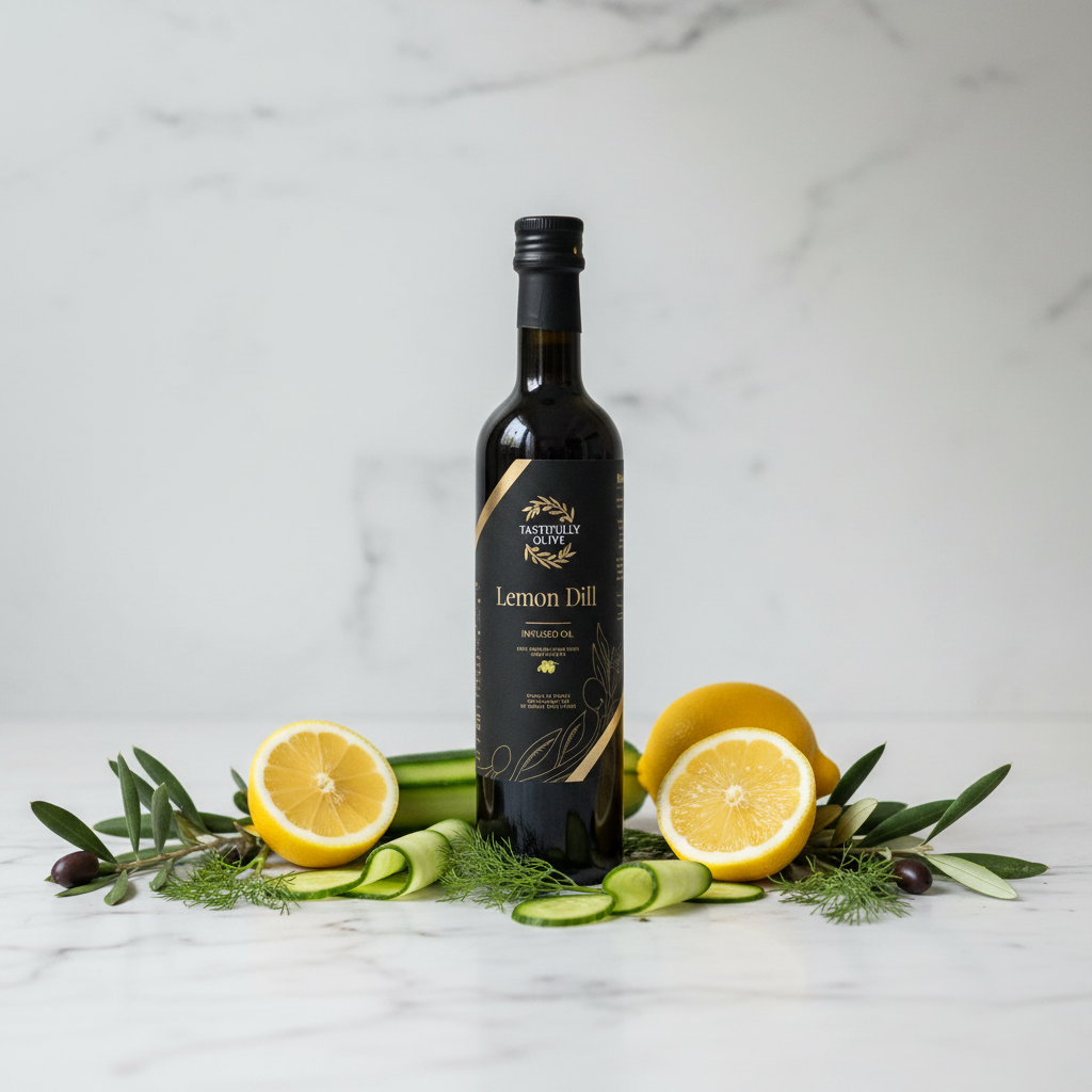Tastefully Olive Lemon Dill infused olive oil bottle with lemons, cucumber ribbons, and fresh dill on white marble.