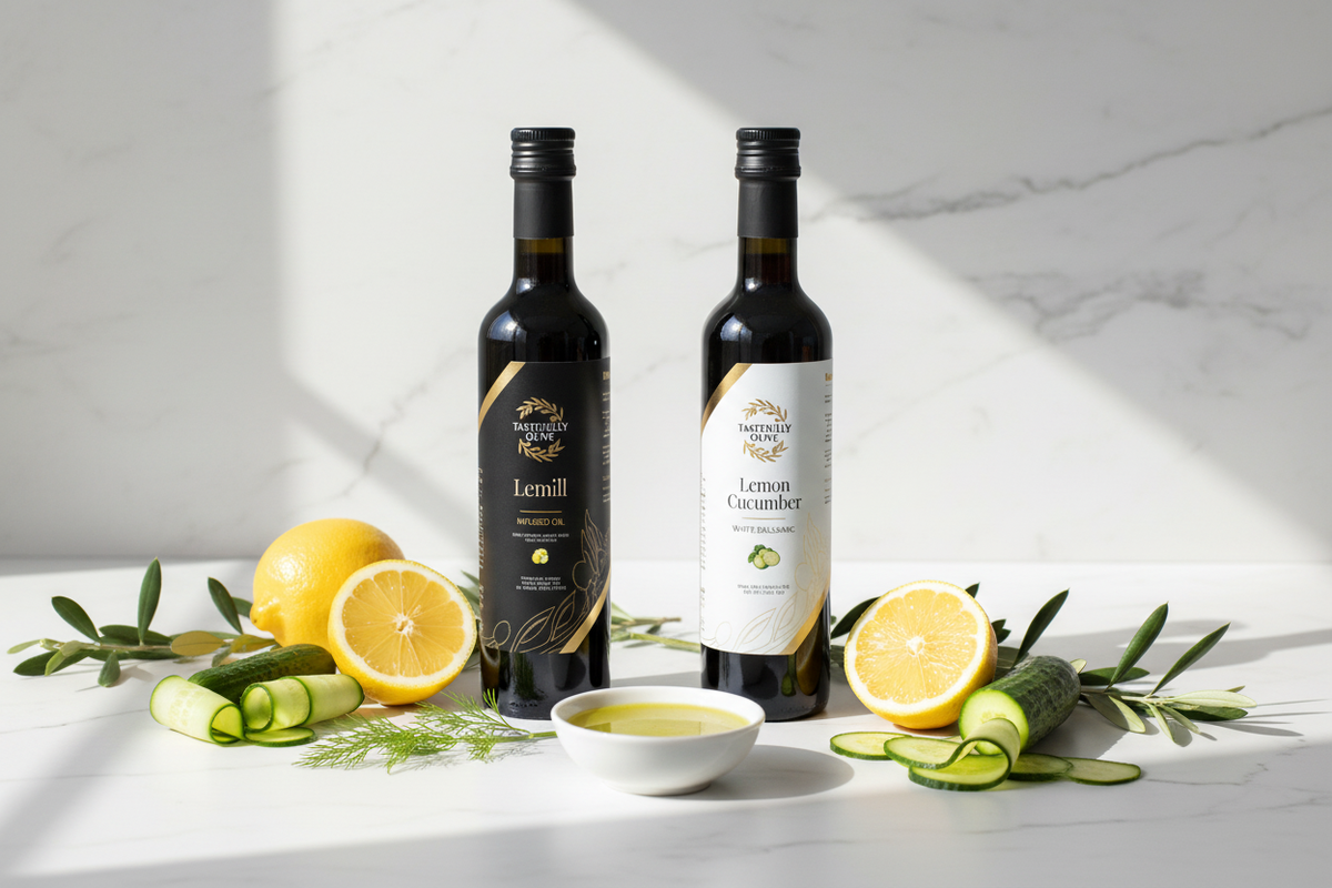 Tastefully Olive Lemon Dill olive oil and Lemon Cucumber white balsamic bottles with lemons, cucumber ribbons, dill, and a dipping bowl.