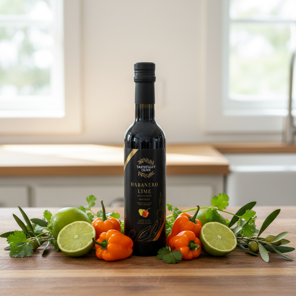 Tastefully Olive Habanero Lime infused oil bottle with lime halves, orange habanero peppers, cilantro, and olive branches on a wooden counter.