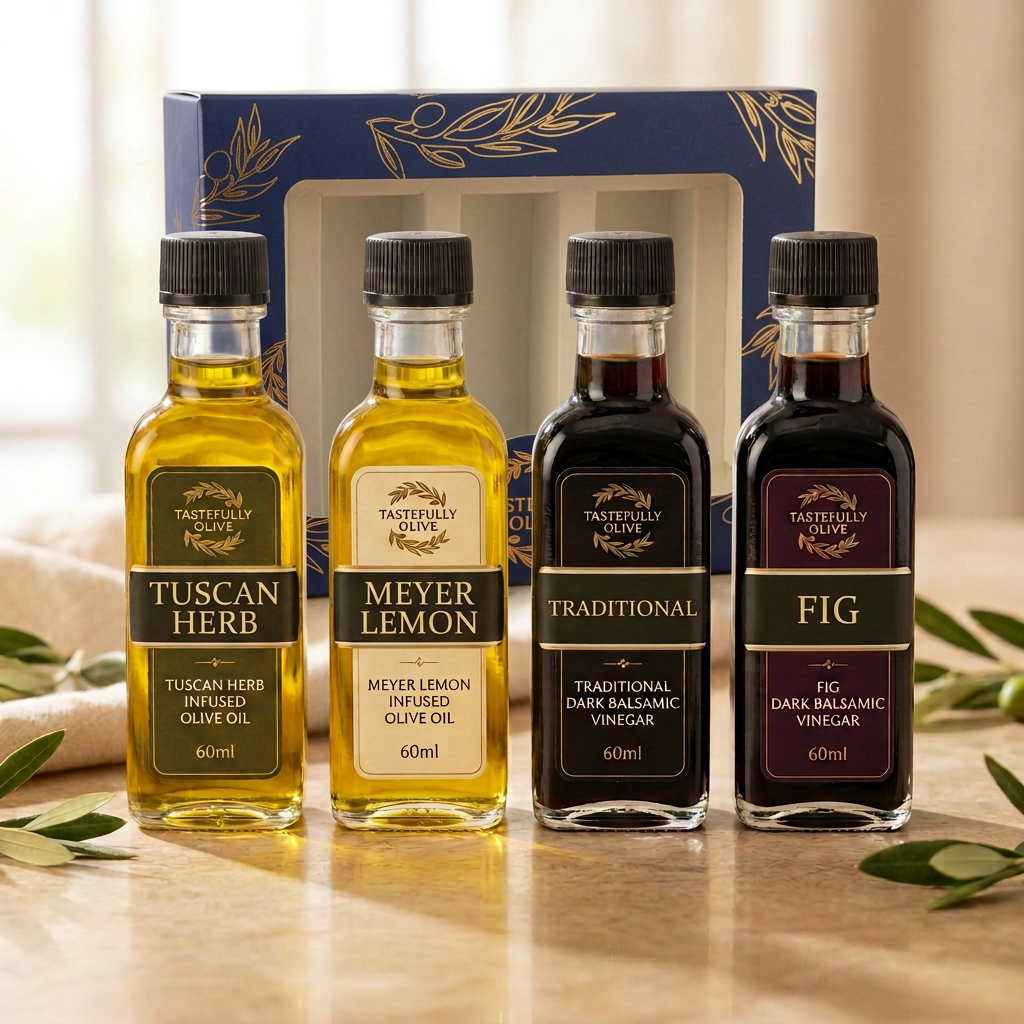 Mediterranean Favorites sampler with the blue-and-gold gift box