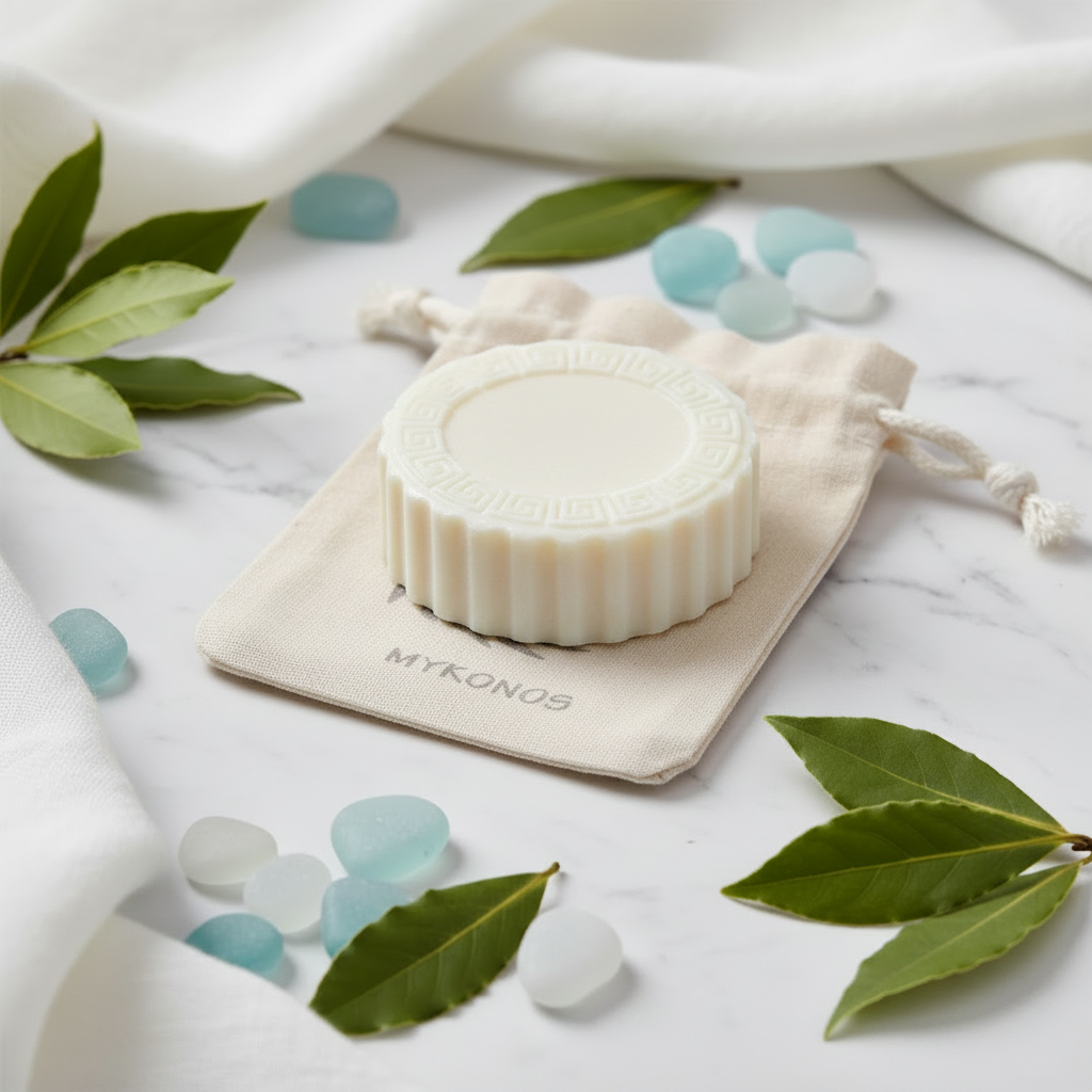 Round cream-colored soap on a Mykonos drawstring pouch with green leaves and blue sea glass on marble.