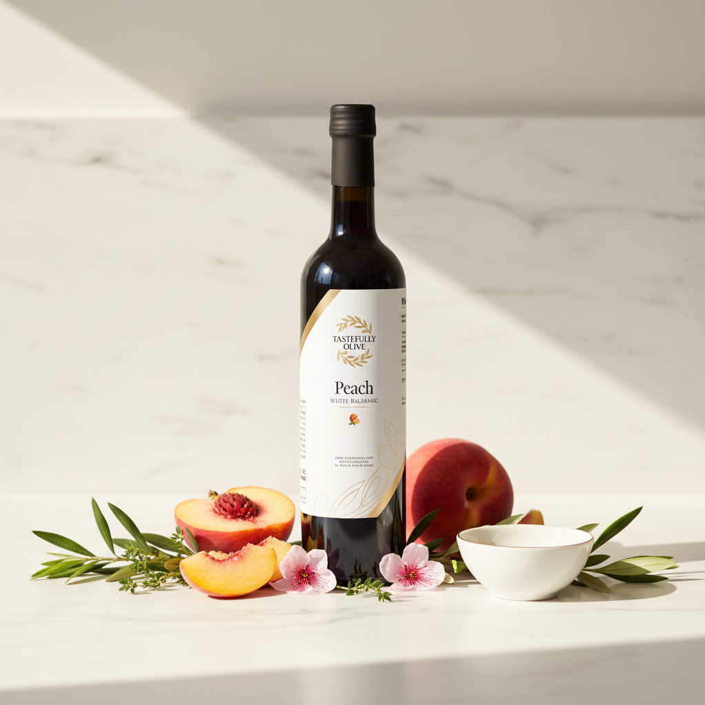 Tastefully Olive Peach white balsamic bottle with whole and sliced peaches, pink flowers, and a white bowl.