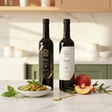 Tastefully Olive Pesto olive oil and Peach white balsamic bottles with pesto pasta, basil, and fresh peaches on a kitchen counter.