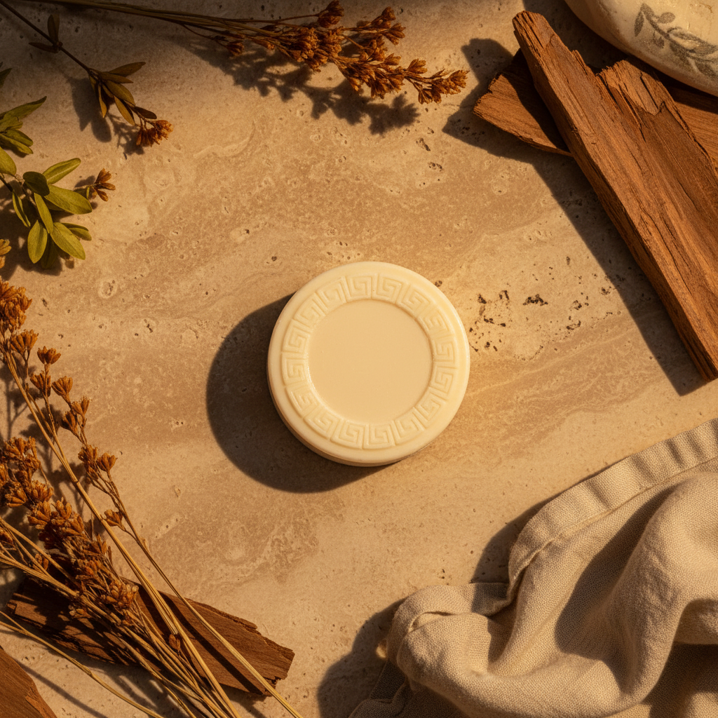 Round cream-colored soap with a Greek-key border on sunlit stone beside dried herbs and wood.