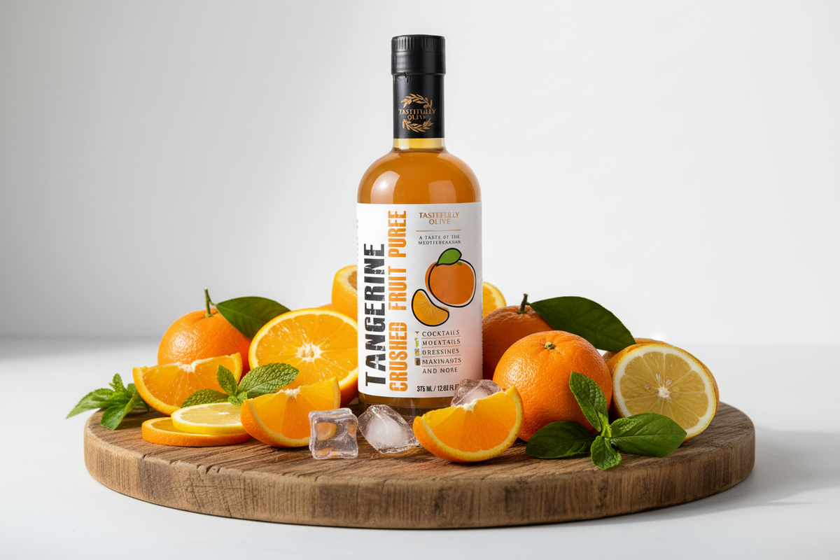 Tastefully Olive Tangerine crushed fruit puree bottle on a wooden board with citrus halves, wedges, mint, and ice cubes.