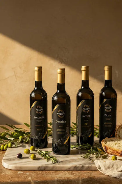 Four dark glass bottles of olive oil with gold caps and black labels are arranged on a marble board with olives, rosemary, and bread against a warm beige wall with dramatic sunlight.