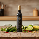 Tastefully Olive Tex-Mex infused olive oil bottle with jalapenos, lime, corn, red chilies, and spices on a wooden counter.