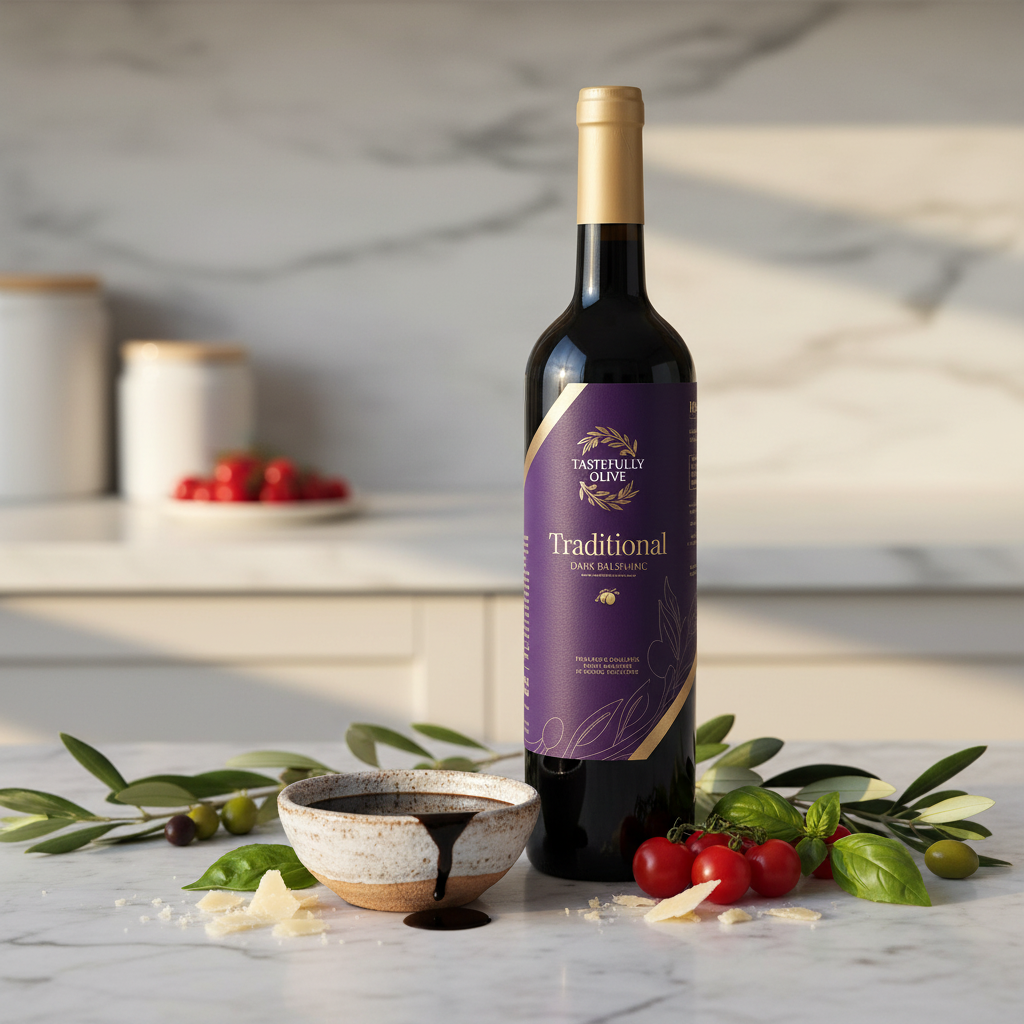 Tastefully Olive Traditional dark balsamic bottle with bread, tomatoes, cheese, and a dipping bowl.