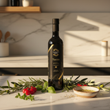 Tastefully Olive Tuscan Herb infused olive oil bottle with fresh herbs, cherry tomatoes, and a bowl of dipping oil.