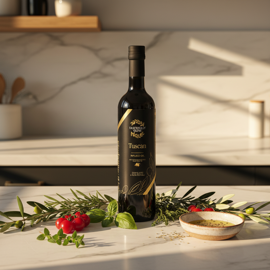 Tastefully Olive Tuscan Herb infused olive oil bottle with fresh herbs, cherry tomatoes, and a bowl of dipping oil.