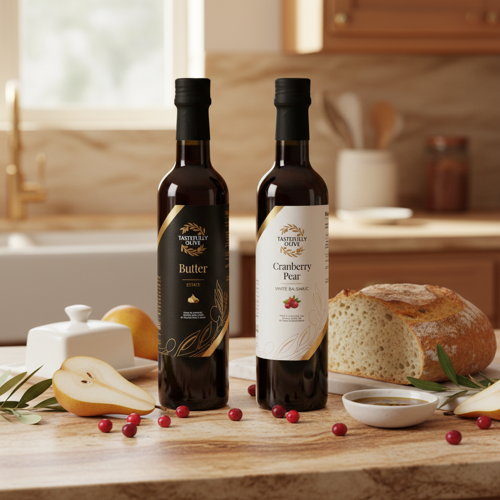 Tastefully Olive Vegan Butter olive oil and Cranberry Pear white balsamic bottles with bread, sliced pears, cranberries, and a dipping bowl.
