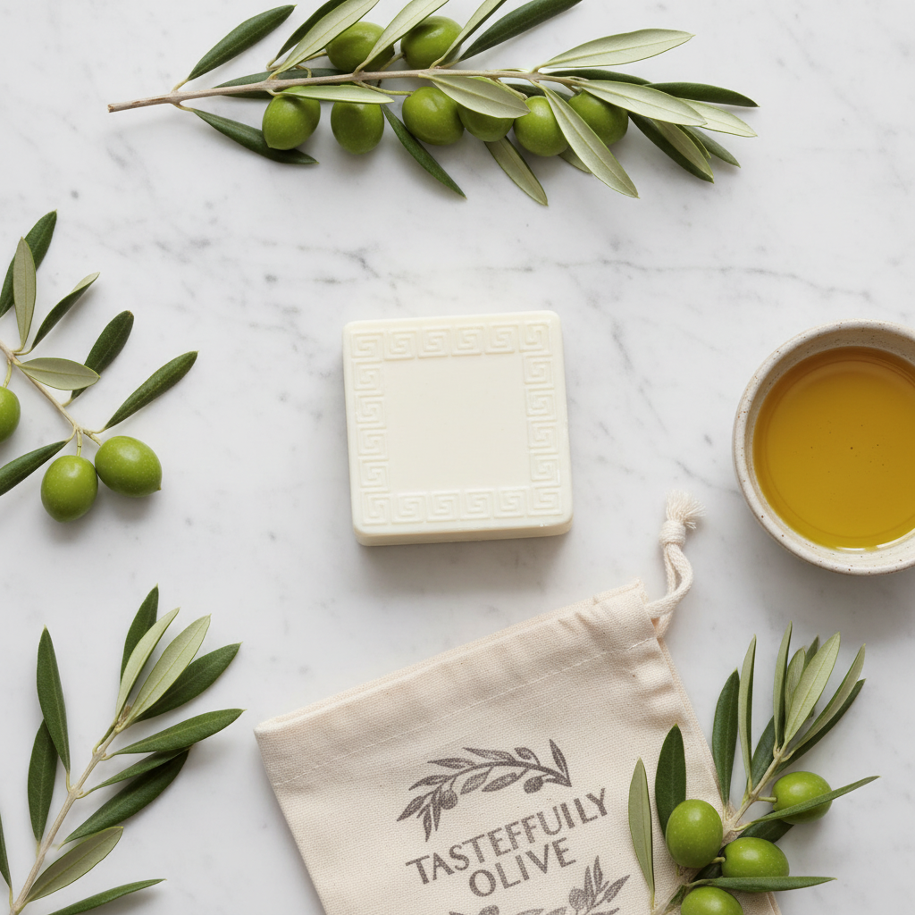 Square cream-colored soap with a patterned border beside a Tastefully Olive pouch and a bowl of oil surrounded by olive branches.