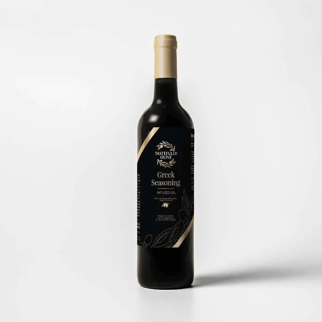 Tastefully Olive Greek Seasoning infused olive oil bottle with a black label and gold cap on a white background.